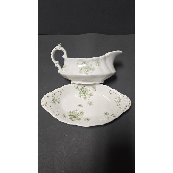 Vintage W H Grindley Daisy Gravy Boat Underplate Green Floral Gold Trim England - Picture 3 of 13